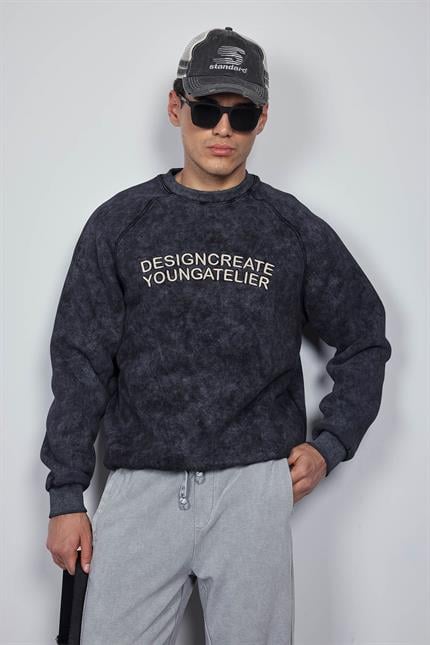Erkek Oversize Yazı Baskılı Sweatshirt Siyah