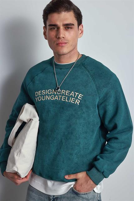 Erkek Oversize Yazı Baskılı Sweatshirt Yeşil