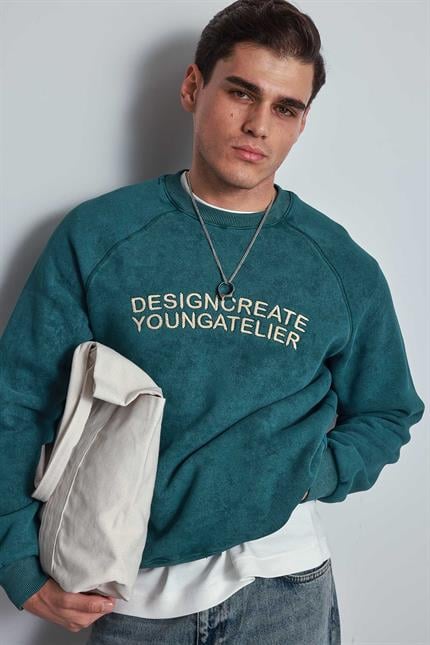 Erkek Oversize Yazı Baskılı Sweatshirt Yeşil