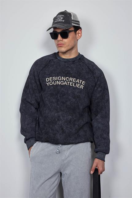 Erkek Oversize Yazı Baskılı Sweatshirt Siyah