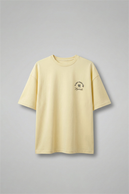 Erkek Oversize Yıkamalı Arkası Baskılı T-Shirt Sarı