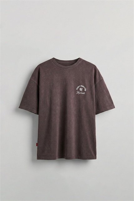Erkek Oversize Yıkamalı Arkası Baskılı T-Shirt Kahverengi
