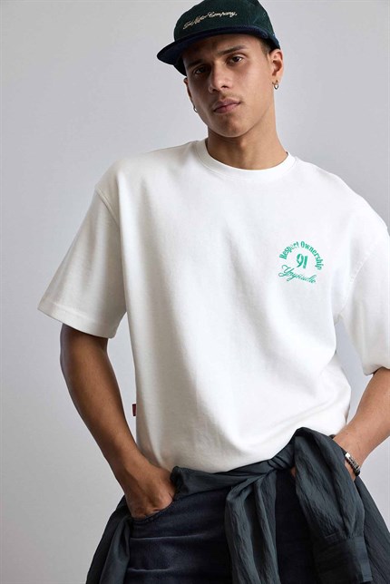 Erkek Oversize Yıkamalı Arkası Baskılı T-Shirt Ekru