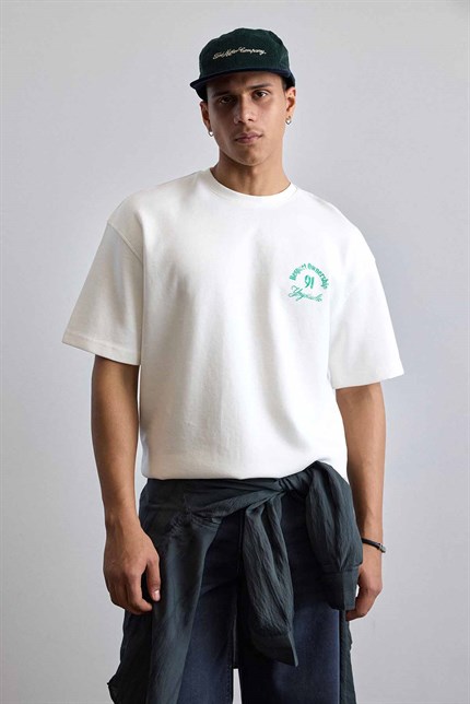 Erkek Oversize Yıkamalı Arkası Baskılı T-Shirt Ekru