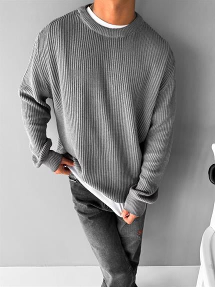 Erkek Oversize Yıkamalı Basic Kazak Gri