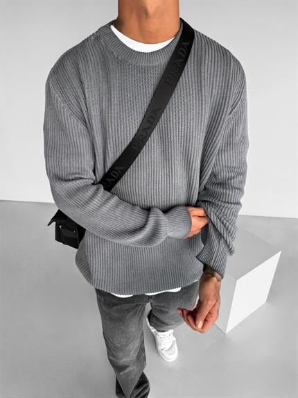 Erkek Oversize Yıkamalı Basic Kazak Gri