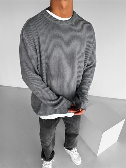 Erkek Oversize Yıkamalı Basic Kazak Gri