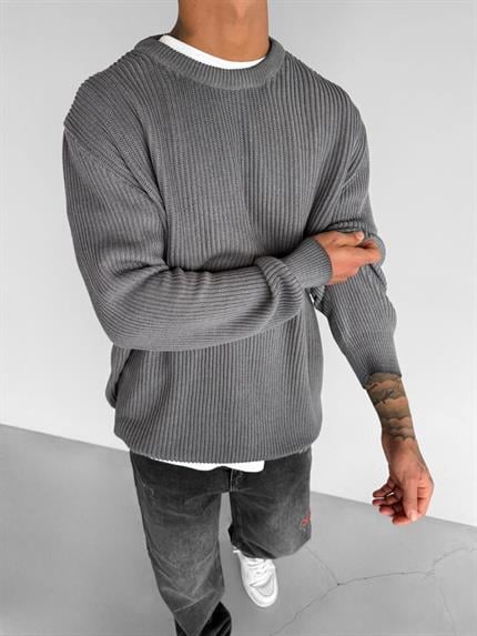 Erkek Oversize Yıkamalı Basic Kazak Gri