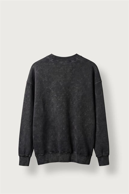 Erkek Oversize Yıkamalı Bisiklet Yaka Sweatshirt Siyah