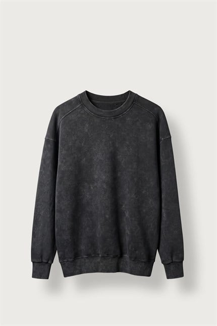 Erkek Oversize Yıkamalı Bisiklet Yaka Sweatshirt Siyah