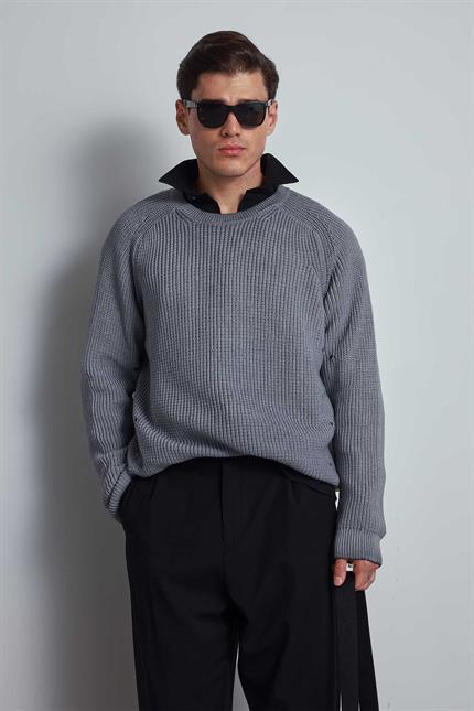 Erkek Oversize Yıkamalı Distressed Triko Kazak Gri