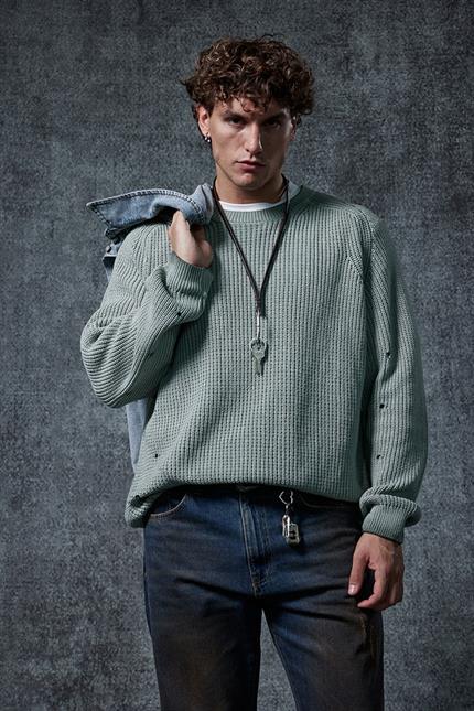 Erkek Oversize Yıkamalı Distressed Triko Kazak Mint