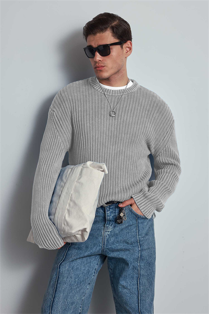 Erkek Oversize Yıkamalı Efektli Basic Kazak Gri