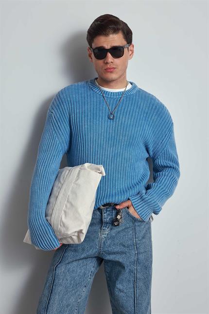 Erkek Oversize Yıkamalı Efektli Basic Kazak Mavi