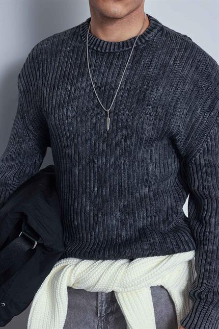 Erkek Oversize Yıkamalı Efektli Basic Kazak Siyah