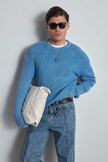 Erkek Oversize Yıkamalı Efektli Basic Kazak Mavi