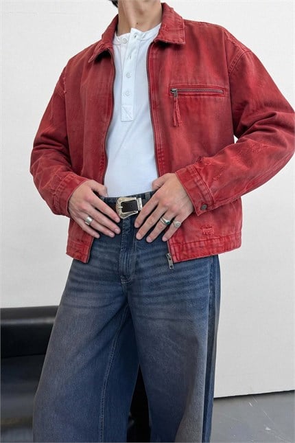Erkek Oversize Yıkamalı Eskitme Detaylı Kot Ceket Kırmızı