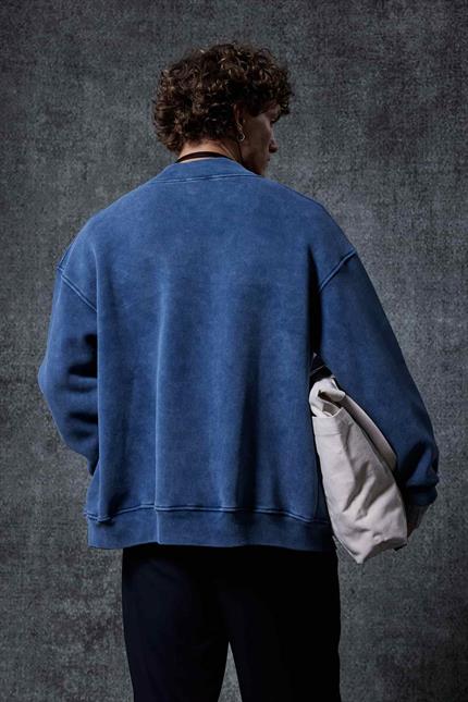 Erkek Oversize Yıkamalı Fermuarlı Sweatshirt Lacivert