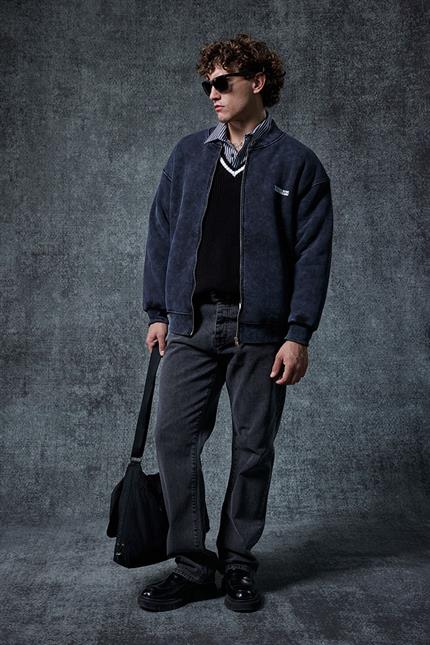 Erkek Oversize Yıkamalı Fermuarlı Sweatshirt Siyah