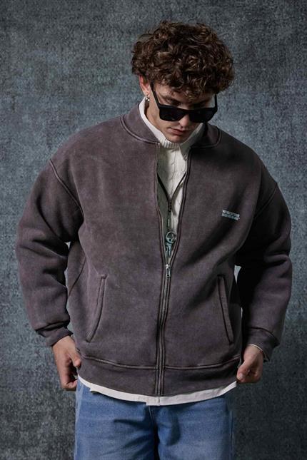 Erkek Oversize Yıkamalı Fermuarlı Sweatshirt Kahverengi