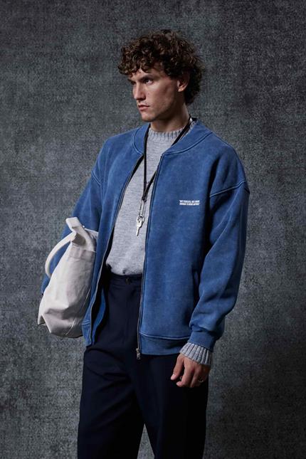 Erkek Oversize Yıkamalı Fermuarlı Sweatshirt Lacivert