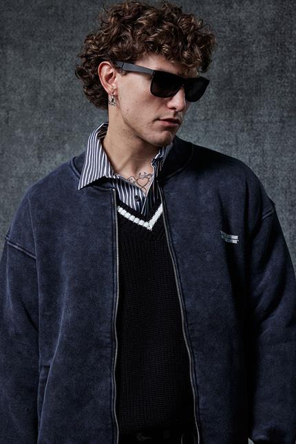 Erkek Oversize Yıkamalı Fermuarlı Sweatshirt Siyah