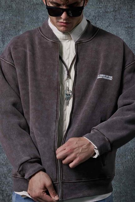 Erkek Oversize Yıkamalı Fermuarlı Sweatshirt Kahverengi