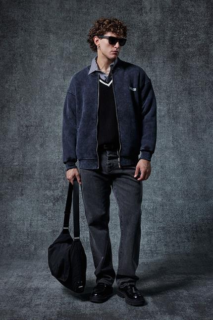 Erkek Oversize Yıkamalı Fermuarlı Sweatshirt Siyah