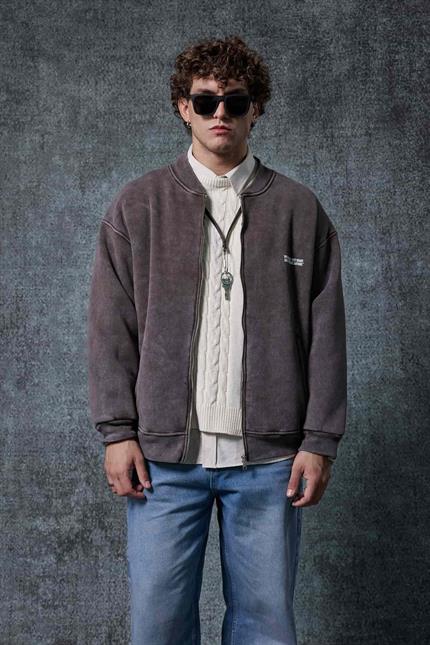 Erkek Oversize Yıkamalı Fermuarlı Sweatshirt Kahverengi