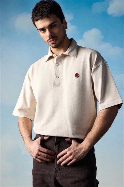 Erkek Oversize Yıkamalı Gül Nakışlı Polo Yaka T-Shirt Bej