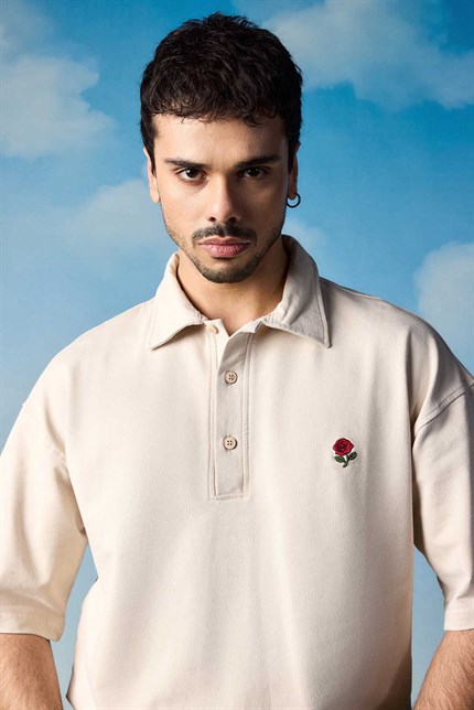 Erkek Oversize Yıkamalı Gül Nakışlı Polo Yaka T-Shirt Bej