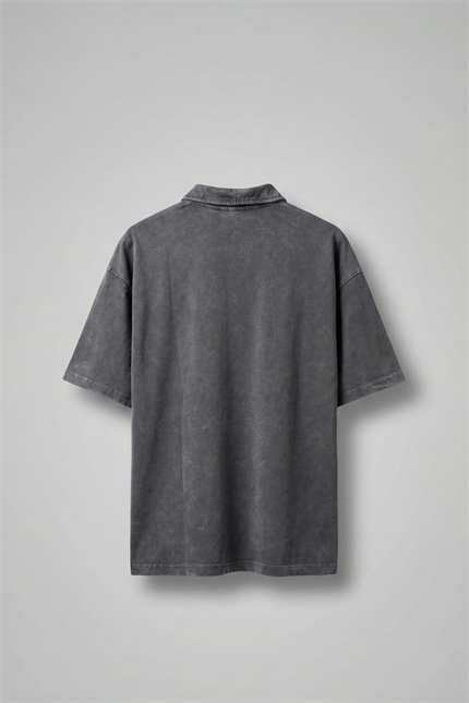 Erkek Oversize Yıkamalı Gül Nakışlı Polo Yaka T-Shirt Füme