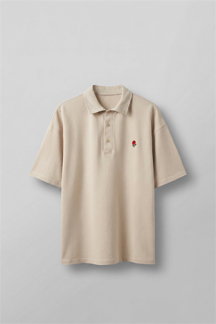 Erkek Oversize Yıkamalı Gül Nakışlı Polo Yaka T-Shirt Bej