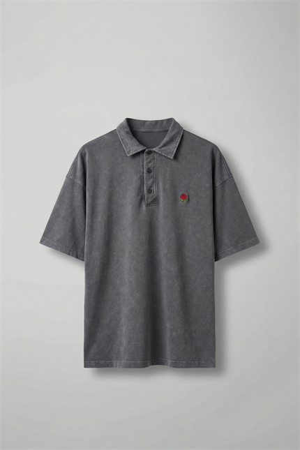 Erkek Oversize Yıkamalı Gül Nakışlı Polo Yaka T-Shirt Füme