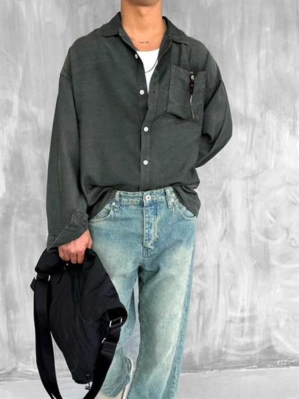 Erkek Oversize Yıkamalı Gömlek Haki