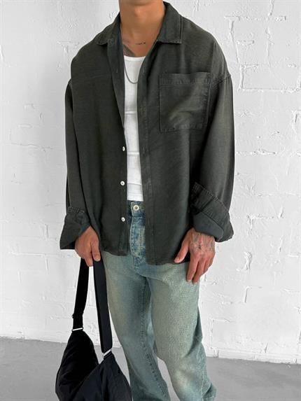 Erkek Oversize Yıkamalı Gömlek Haki