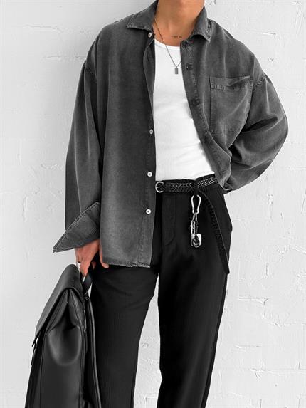 Erkek Oversize Yıkamalı Gömlek Siyah