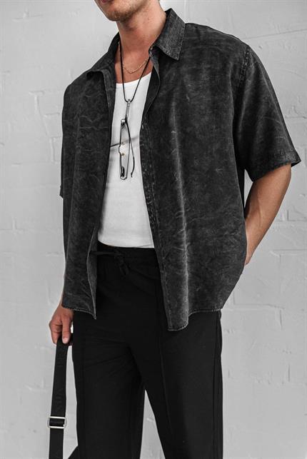 Erkek Oversize Yıkamalı Kısa Kollu Gömlek Siyah