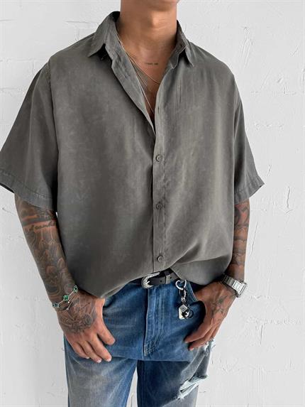 Erkek Oversize Yıkamalı Kısa Kollu Gömlek Haki Yeşil