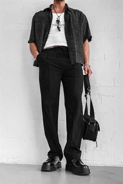 Erkek Oversize Yıkamalı Kısa Kollu Gömlek Siyah