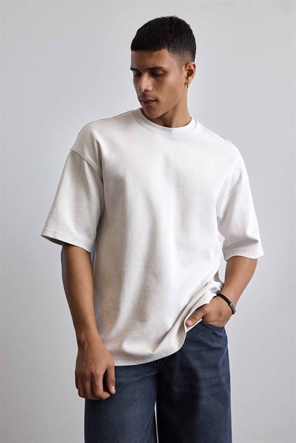 Erkek Oversize Yıkamalı Pamuklu Basic T-Shirt Gri