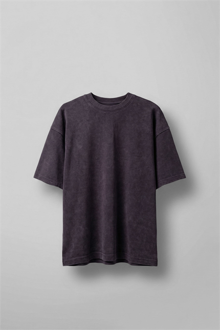 Erkek Oversize Yıkamalı Pamuklu Basic T-Shirt Mürdüm
