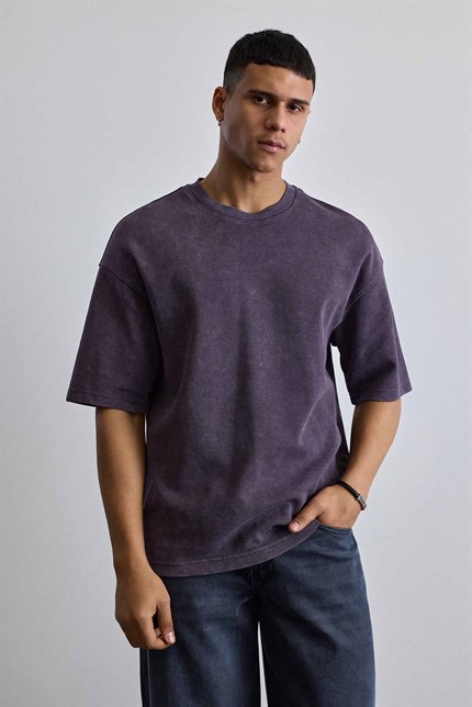 Erkek Oversize Yıkamalı Pamuklu Basic T-Shirt Mürdüm