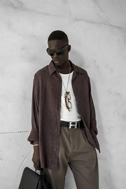 Erkek Oversize Yıkamalı Rahat Gömlek Kahverengi