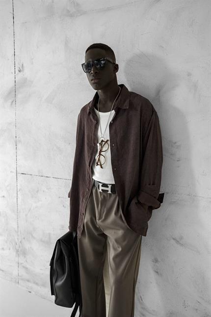 Erkek Oversize Yıkamalı Rahat Gömlek Kahverengi