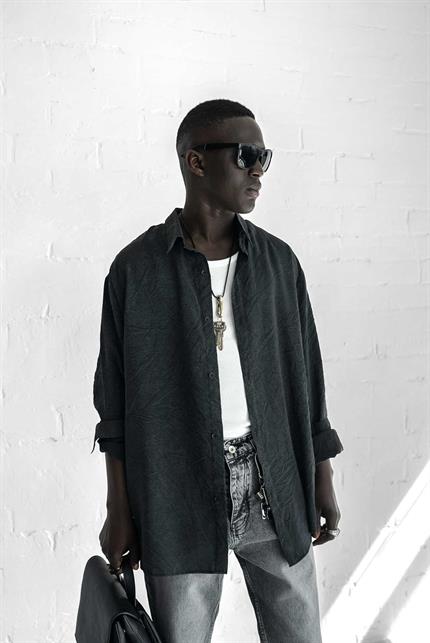 Erkek Oversize Yıkamalı Rahat Gömlek Siyah