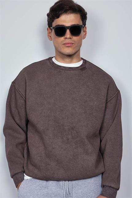 Erkek Oversize Yıkamalı Sweatshirt Kahverengi