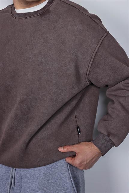 Erkek Oversize Yıkamalı Sweatshirt Kahverengi