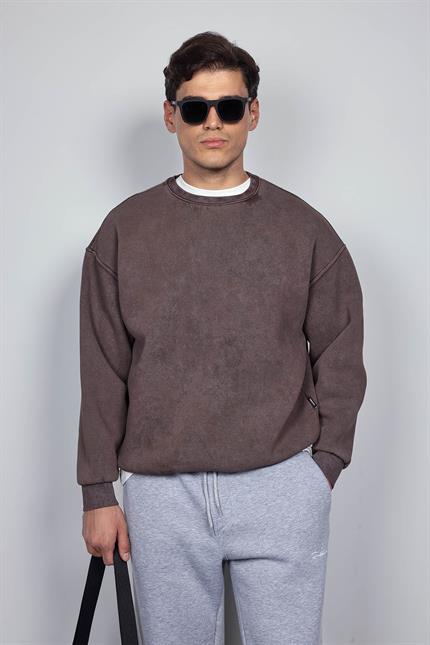 Erkek Oversize Yıkamalı Sweatshirt Kahverengi