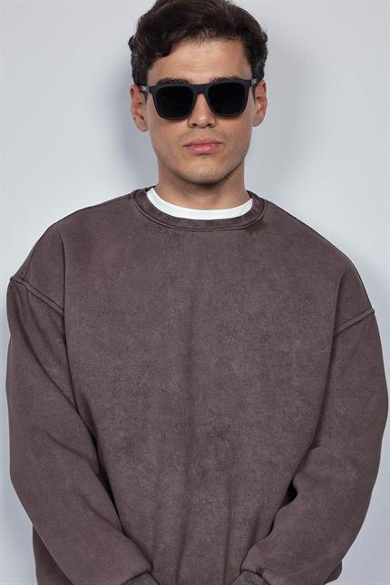 Erkek Oversize Yıkamalı Sweatshirt Kahverengi